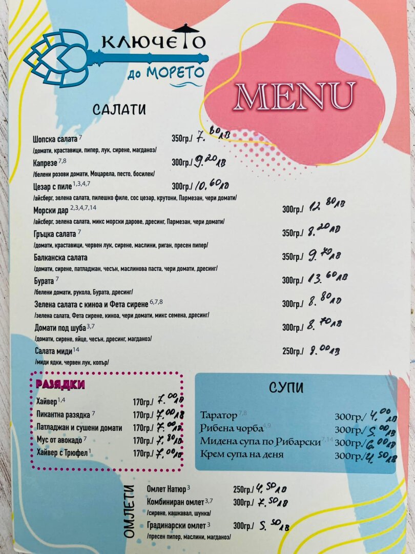 Ключето до морето - Меню 2022