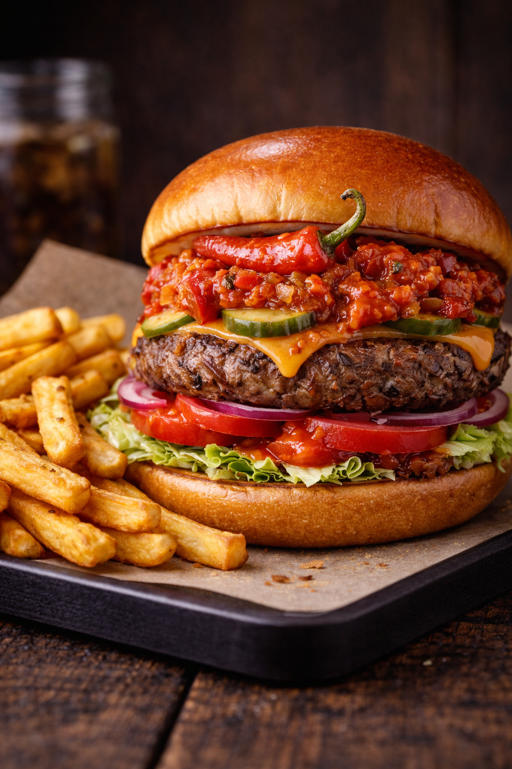 image-Свински бургер по балкански + картофи