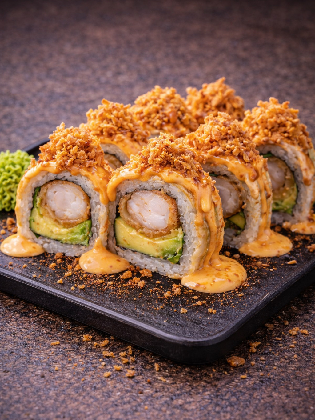 image-Суши със скарида, авокадо, *Сос Самурай и хрупкав лук