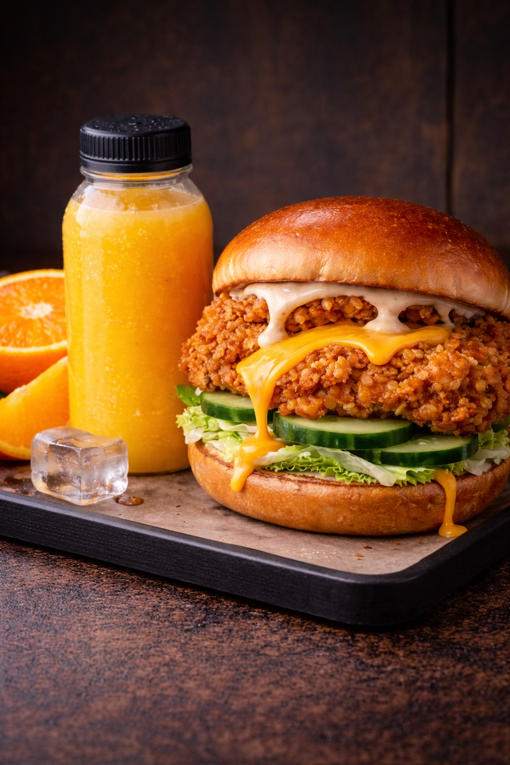 image-Пилешки бургер + хрупкави картофи + Фреш Портокал