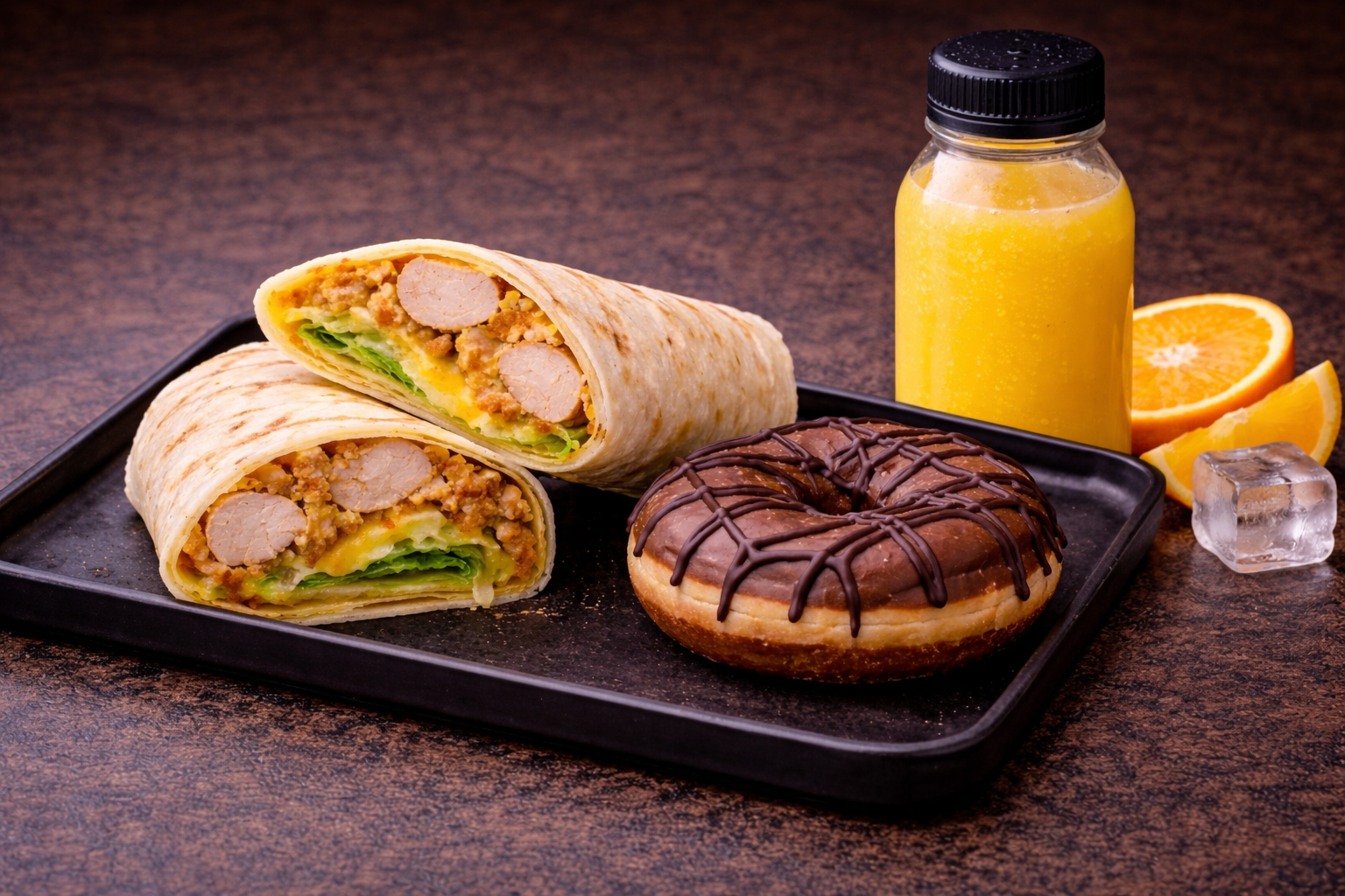 image-Тортила с хрупкаво пиле + Поничка с шоколад + Фреш Портокал